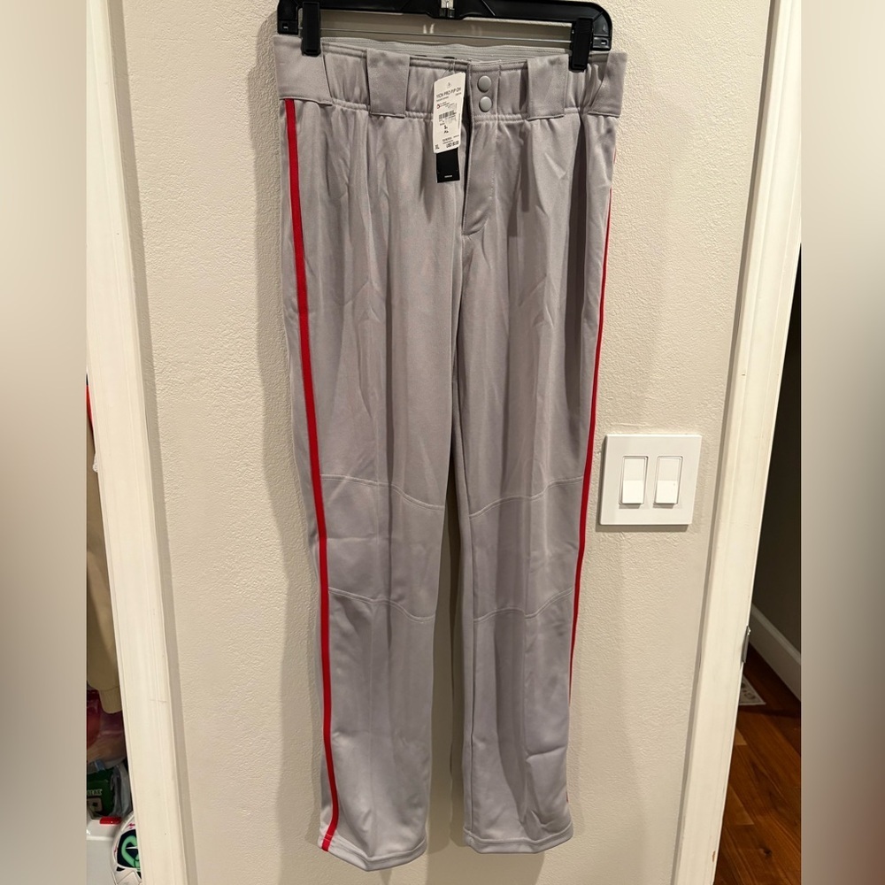 Adidas Icon Pro Open Hem Boys Gray Baseball Pants Red Piping GQ9149 Size XL